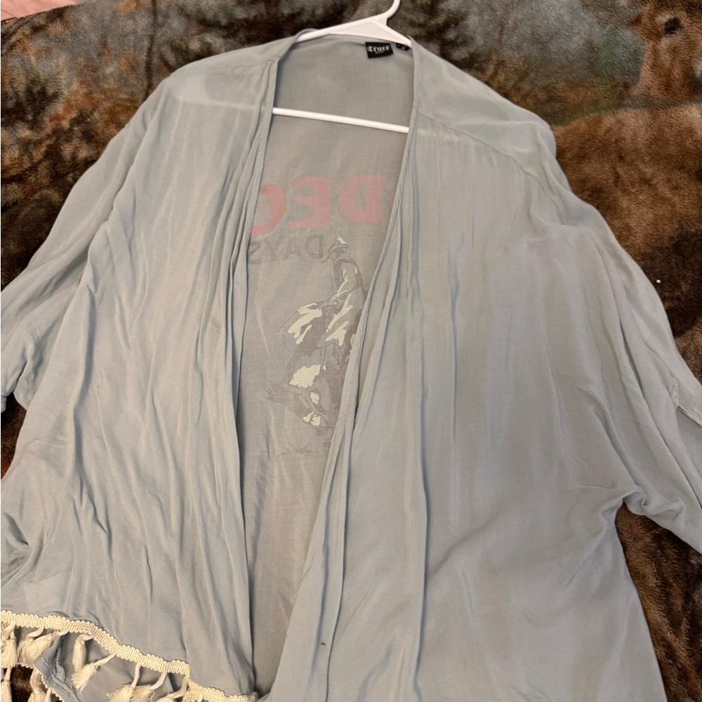 Light Blue Sheer Kimono with Fringe